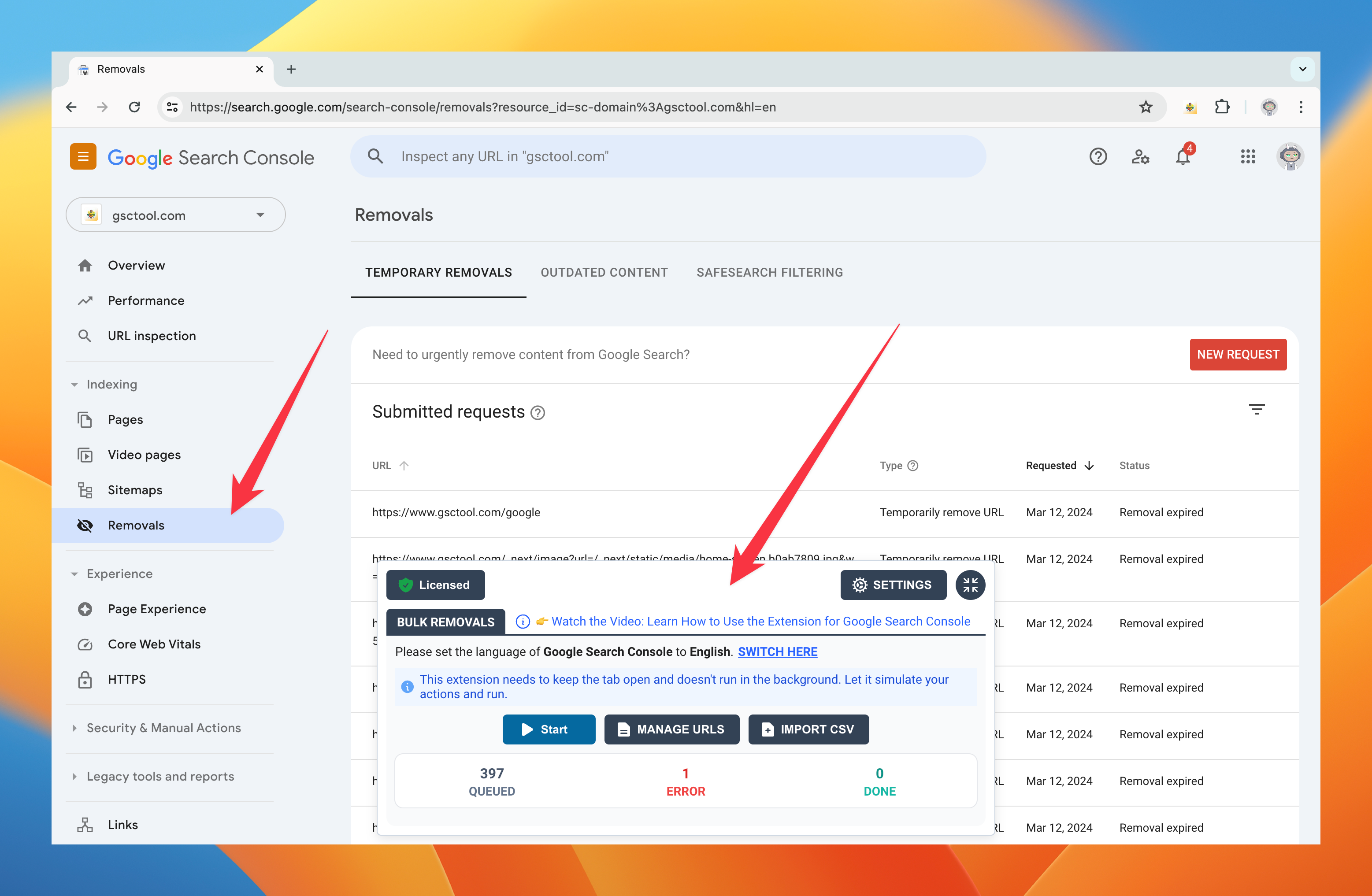 Log in to your GSC account and navigate to the Removals section.