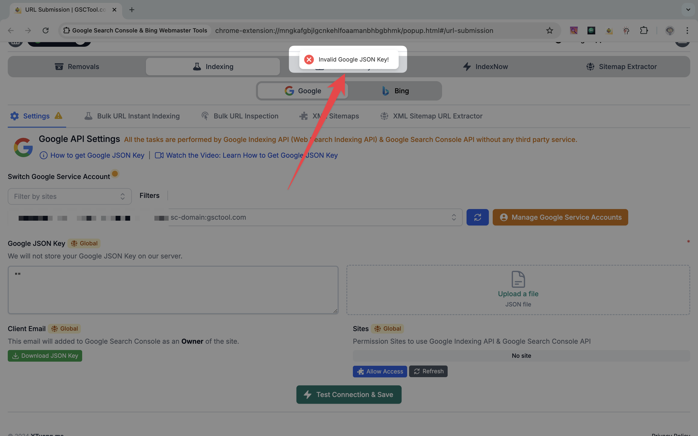 How to fix "Invalid Google JSON Key!" issue GSCTool.com Extension